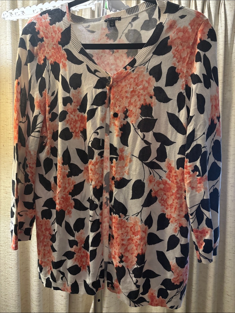 Talbots Cream Cardigan with Coral Floral and Black Leaf Print